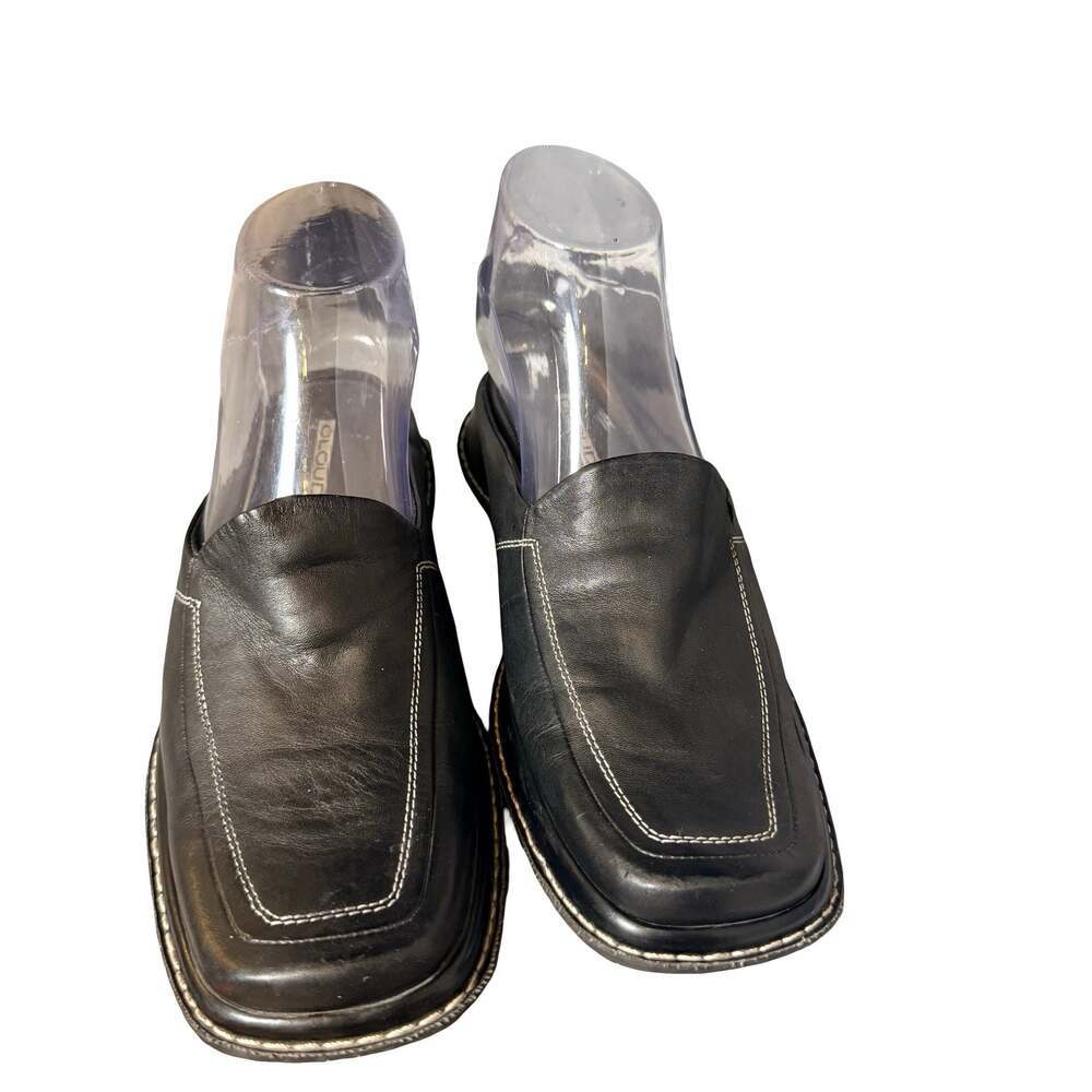 Cloud 9 Black Leather Slip-On Mule Loafers with Contrast Stitching